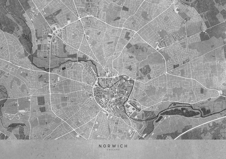 Poster Map of Norwich (England) in gray vintage style