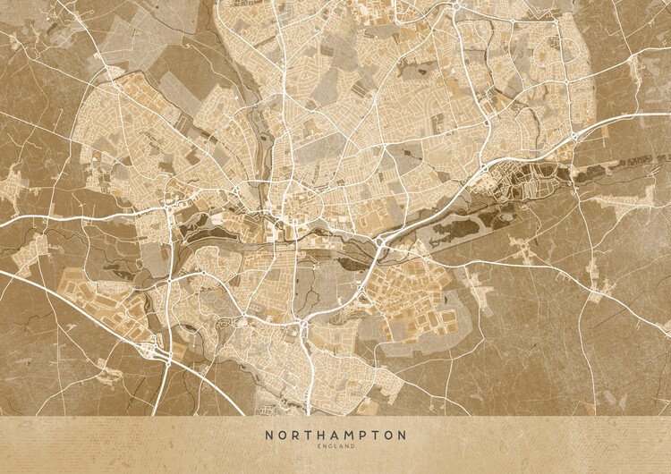 Poster Map of Northampton (England) in sepia vintage style