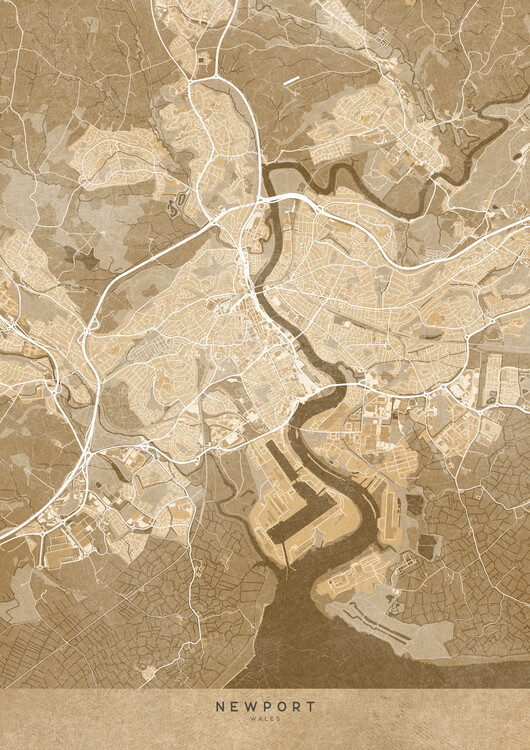 Poster Map of Newport (England) in sepia vintage style