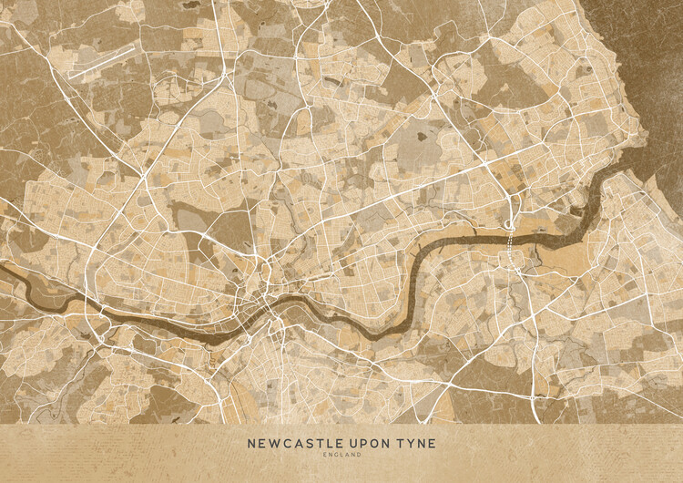Poster Map of Newcastle upon Tyne (England) in sepia vintage style