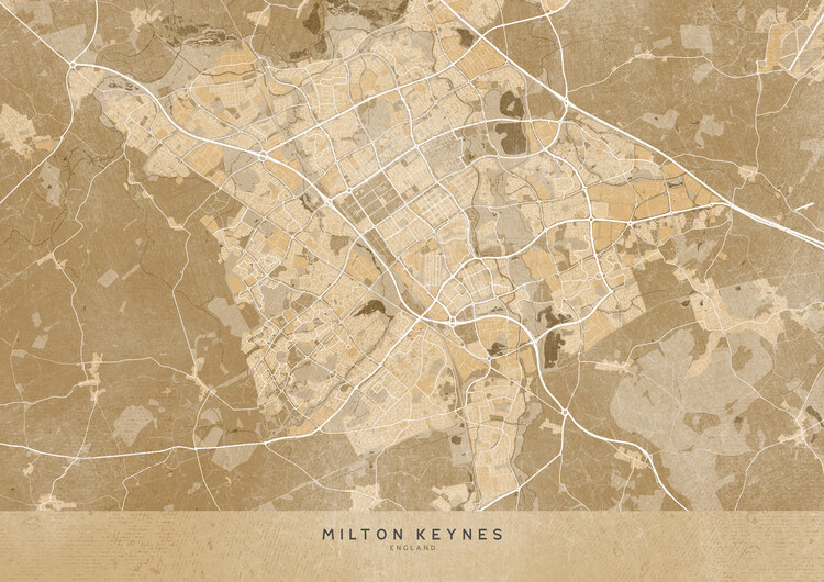 Poster Map of Milton Keynes (England) in sepia vintage style
