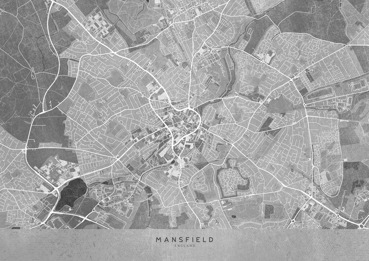 Poster Map of Mansfield (England) in gray vintage style