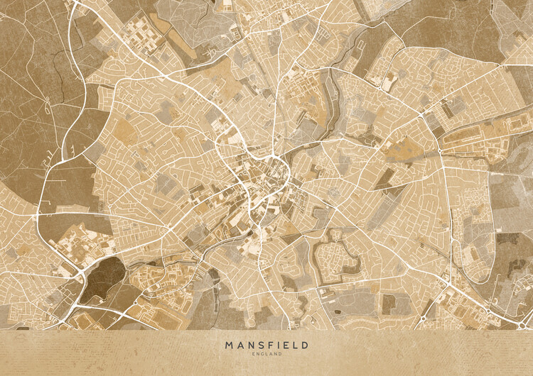 Poster Map of Mansfield (England) in sepia vintage style