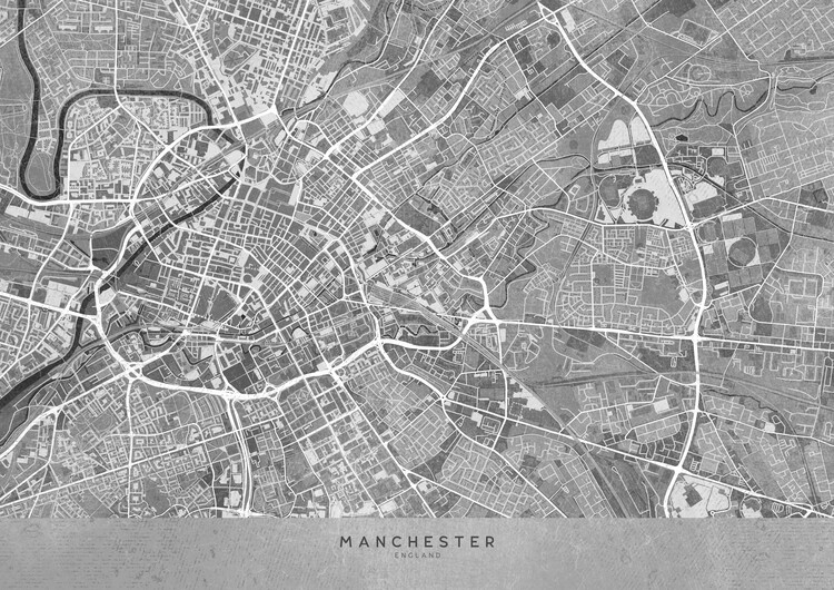 Poster Map of Manchester downtown (England) in gray vintage style