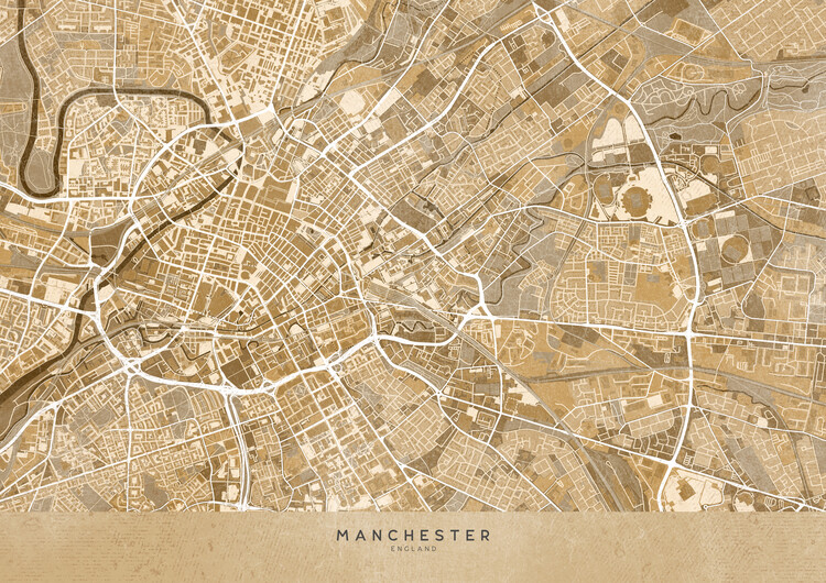 Poster Map of Manchester downtown (England) in gray vintage style