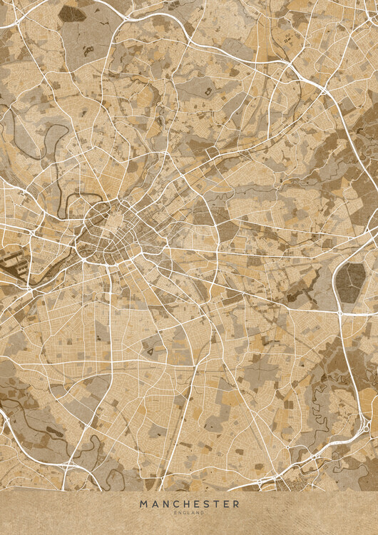 Poster Map of Manchester (England) in sepia vintage style