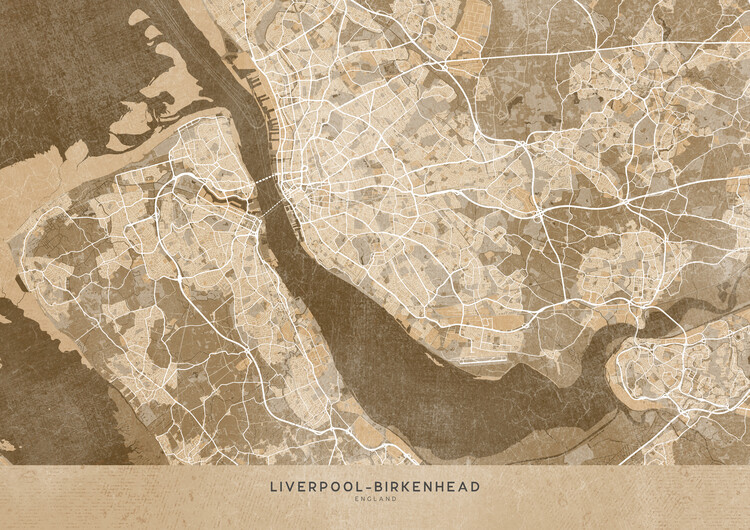 Poster Map of Liverpool-Birkenhead (England) in sepia vintage style