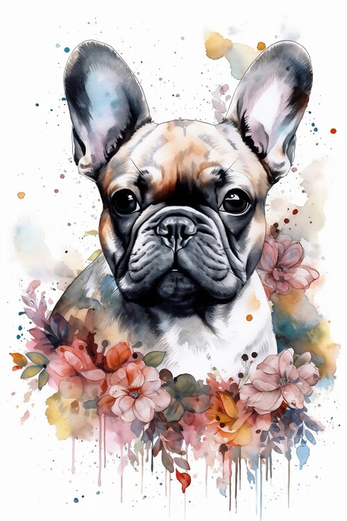 Poster French bulldog with flowers, watercolor vintage