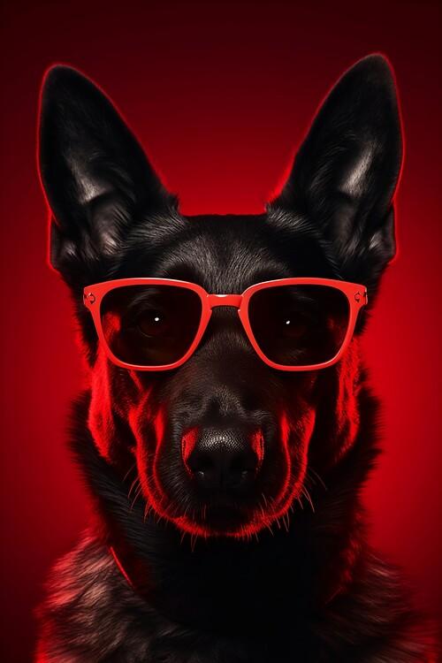 Poster German shepherd dog wearing red sunglasses
