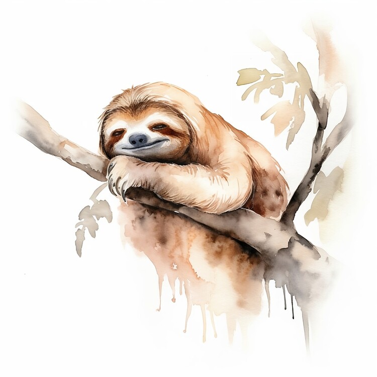 Poster Sloth sleeping on branch, watercolor illustration