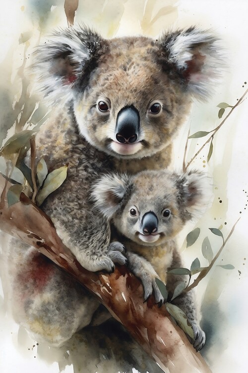 Poster A watercolour illustration of a cute koala bear and her cub