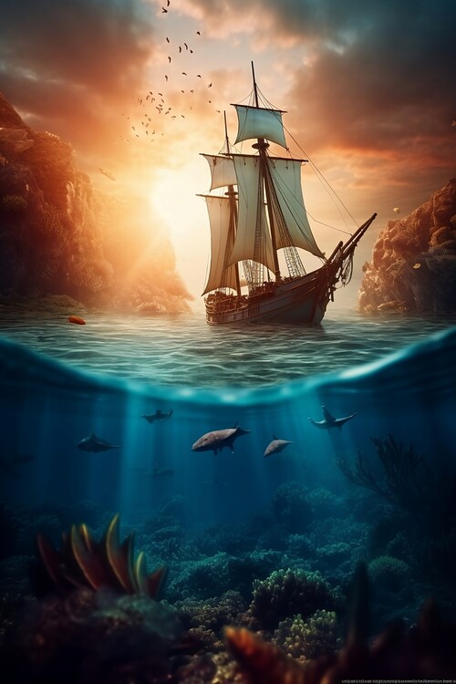 Poster Schooner with massive sails, under the water is fish
