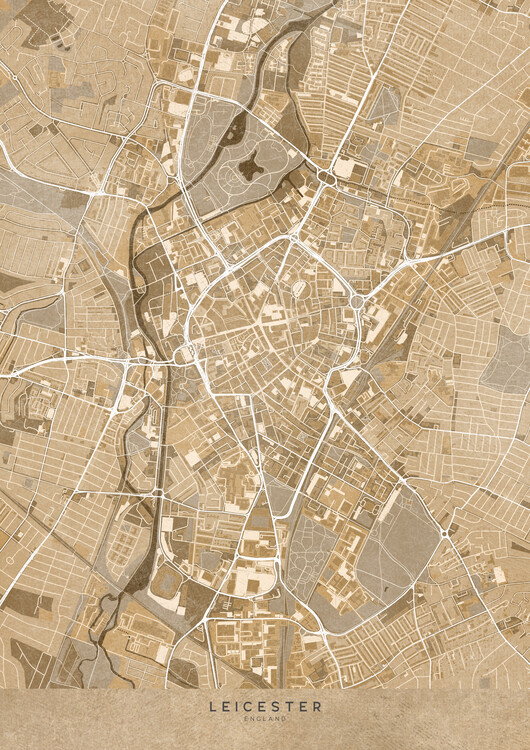 Poster Map of Leicester downtown (England) in sepia vintage style