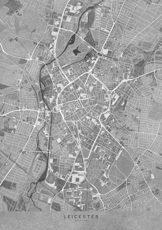 Poster Map of Leicester downtown (England) in gray vintage style