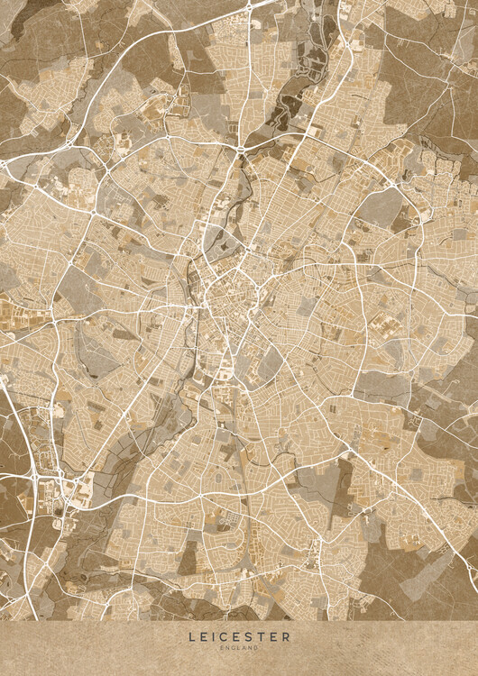 Poster Map of Leicester (England) in sepia vintage style