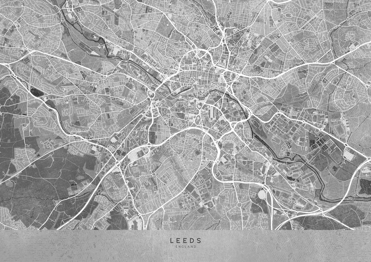 Poster Map of Leeds (England) in gray vintage style