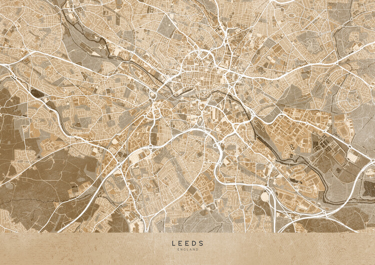 Poster Map of Leeds (England) in sepia vintage style