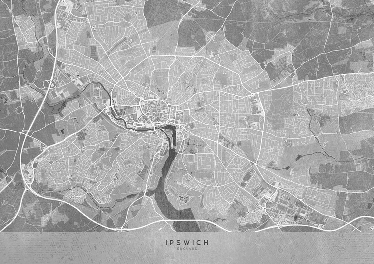 Poster Map of Ipswich (England) in gray vintage style