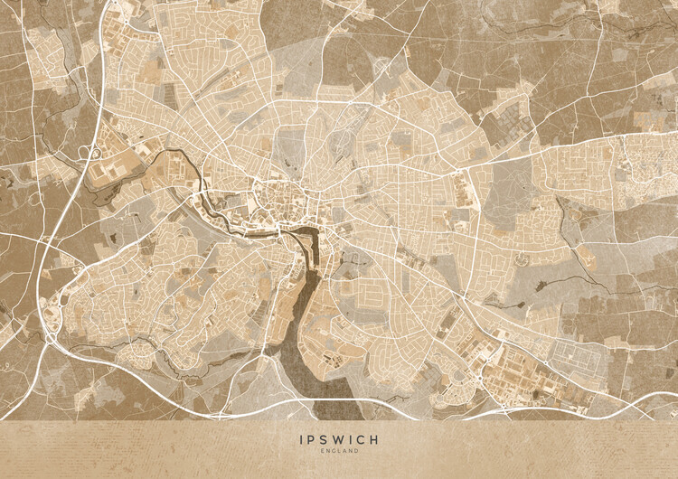 Poster Map of Ipswich (England) in sepia vintage style
