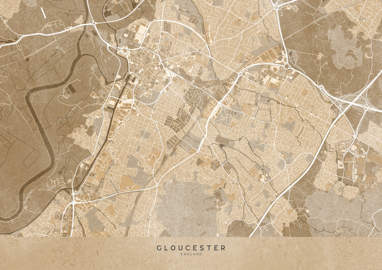 Poster Map of Gloucester (England) in sepia vintage style