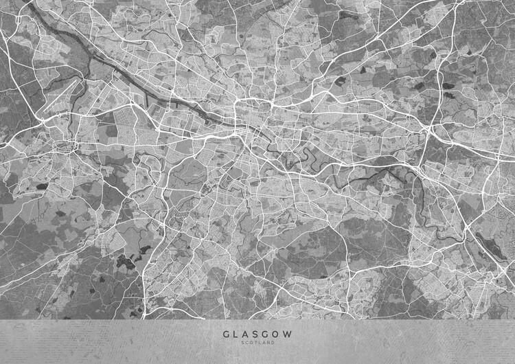 Poster Map of Glasgow (Scotland) in gray vintage style