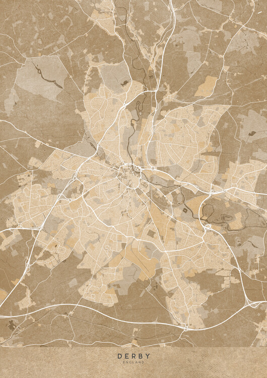 Poster Map of Derby (England) in sepia vintage style