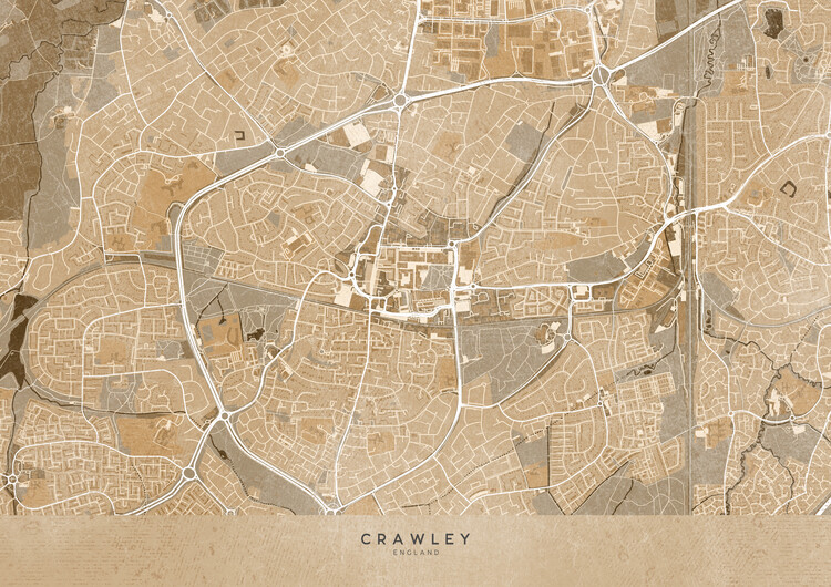 Poster Map of Crawley (England) in sepia vintage style