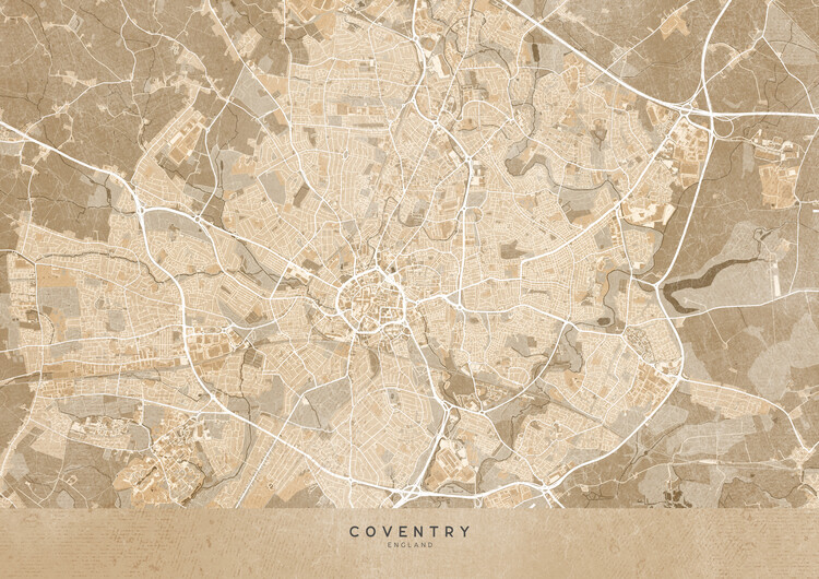 Poster Map of Coventry (England) in sepia vintage style