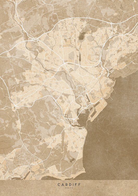 Poster Map of City of Cardiff area (Wales) in sepia vintage style