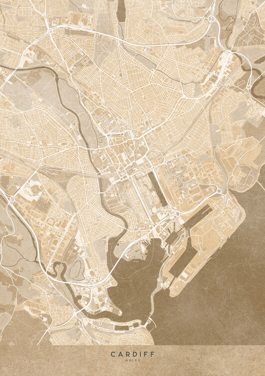 Poster Map of City of Cardiff (Wales) in sepia vintage style