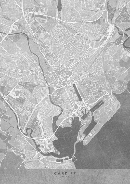 Poster Map of City of Cardiff (Wales) in gray vintage style