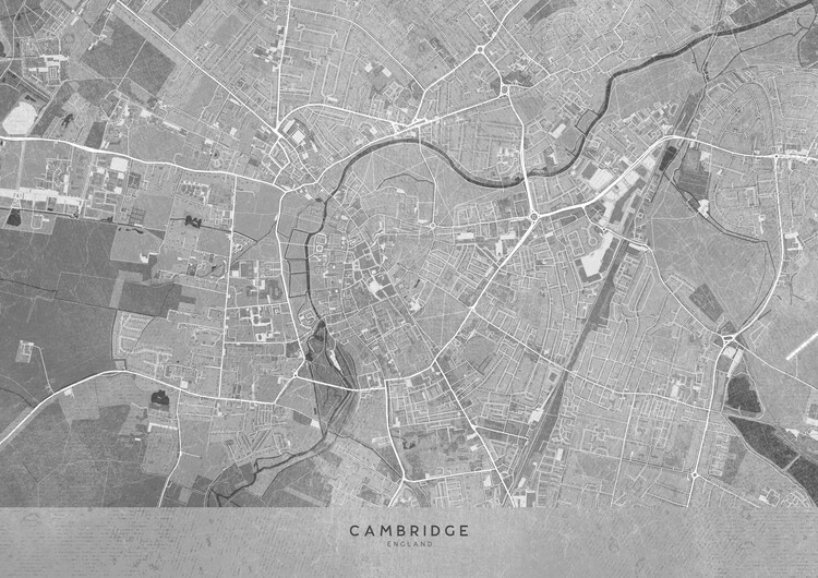 Poster Map of Cambridge downtown (England) in gray vintage style