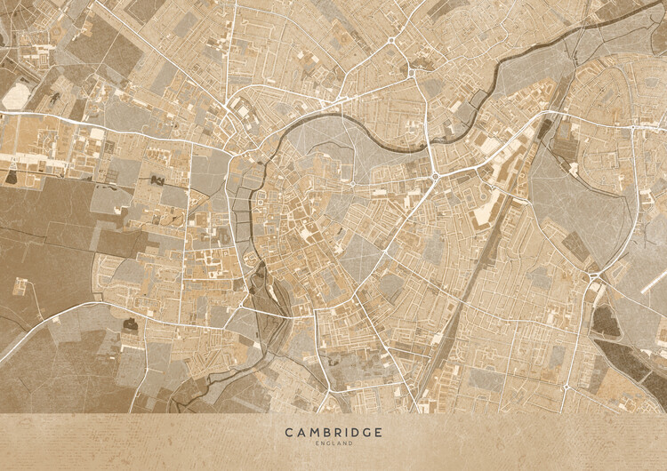 Poster Map of Cambridge downtown (England) in sepia vintage style