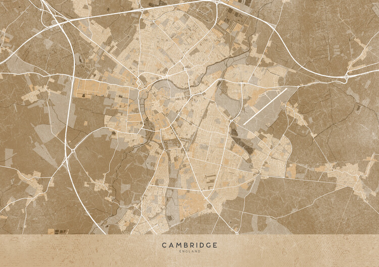 Poster Map of Cambridge (England) in sepia vintage style