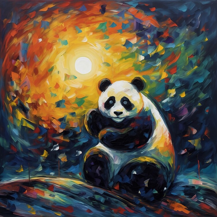 Poster Panda looking at the moon in a starry night sky.
