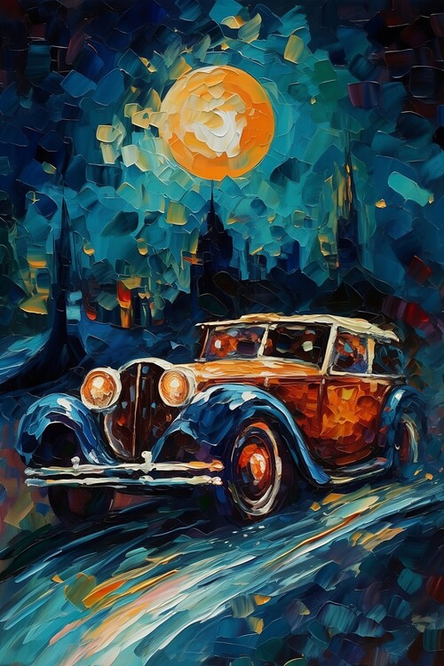 Poster Vintage car in starry night