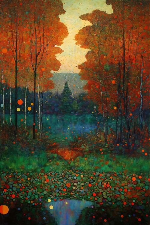 Poster Beautiful autumn night forest swamp landscape