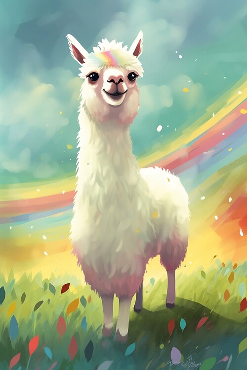 Poster A fluffy white llama in a rainbow field