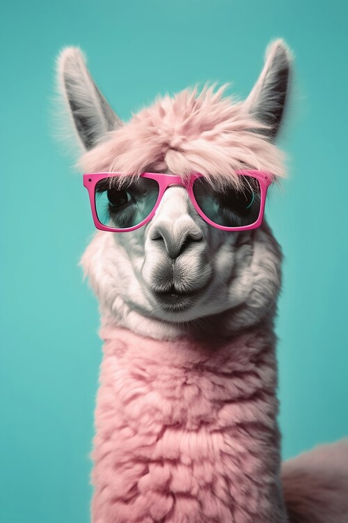 Poster Pink alpaca wearing turquoise sunglasses