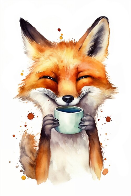 Poster Smiling fox drinking coffee