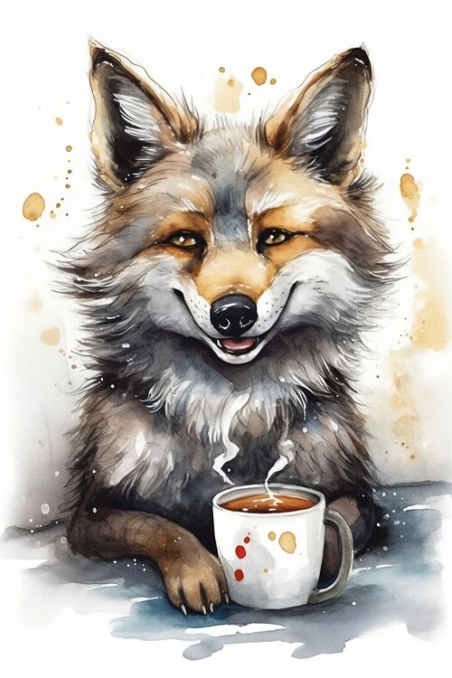 Poster Cute smiling Wolf drinking coffee