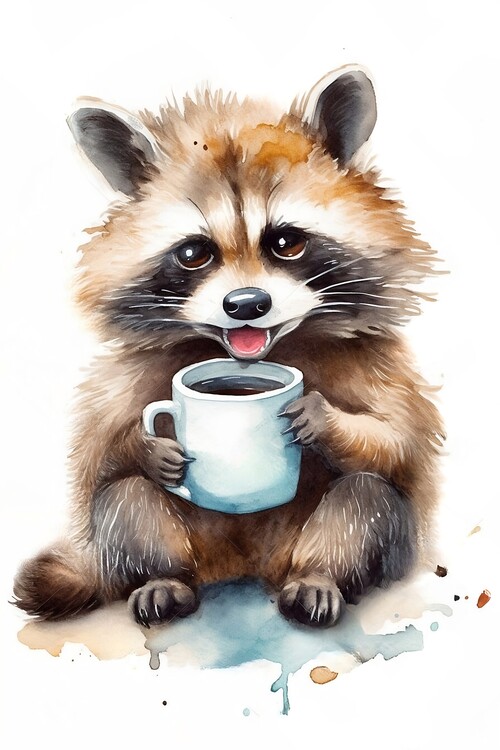 Poster Funny cute racoon drinking coffee
