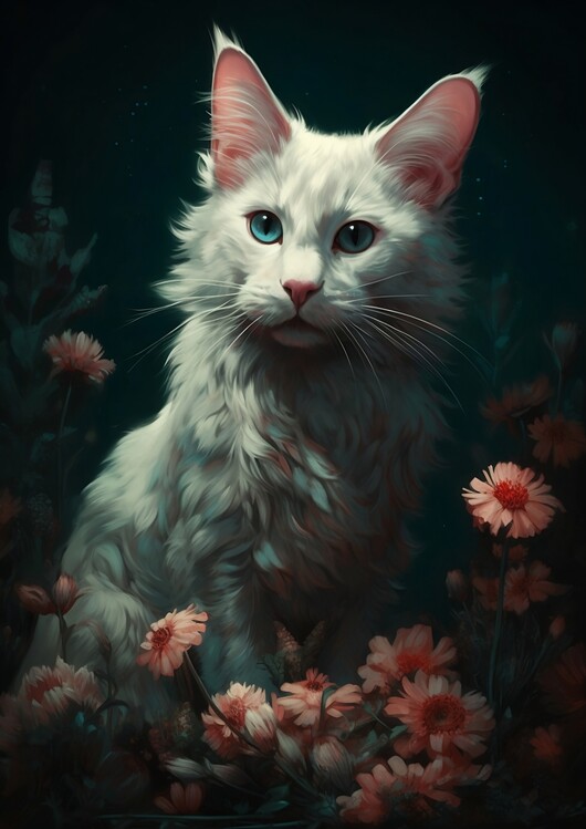 Poster Turkish Angora Cat resting on flowers