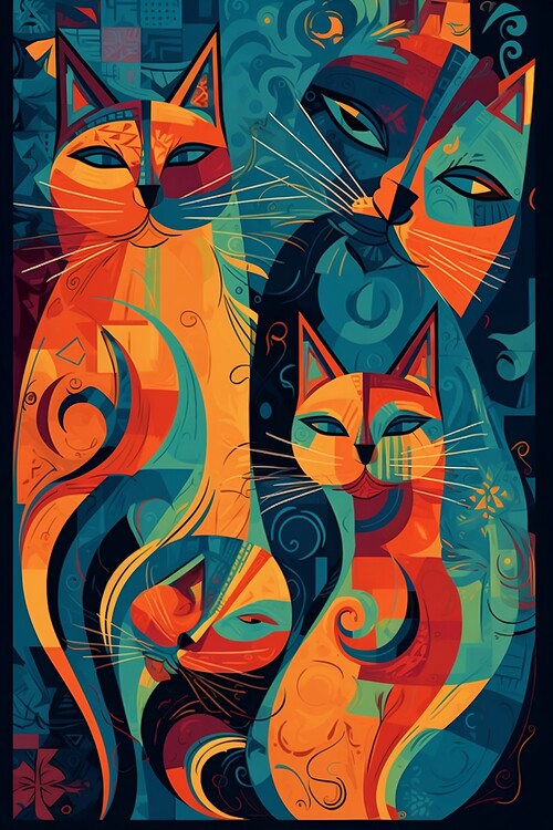 Poster Cubist cats abstract colourful