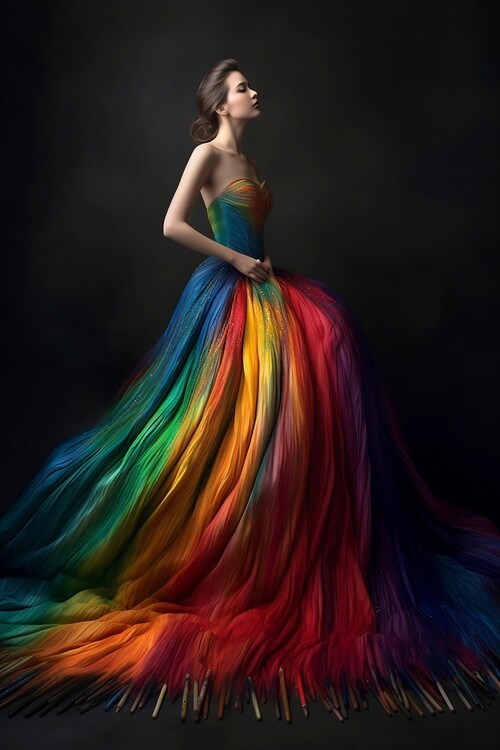 Poster Woman in couture ball gown made out of watercolored pencils