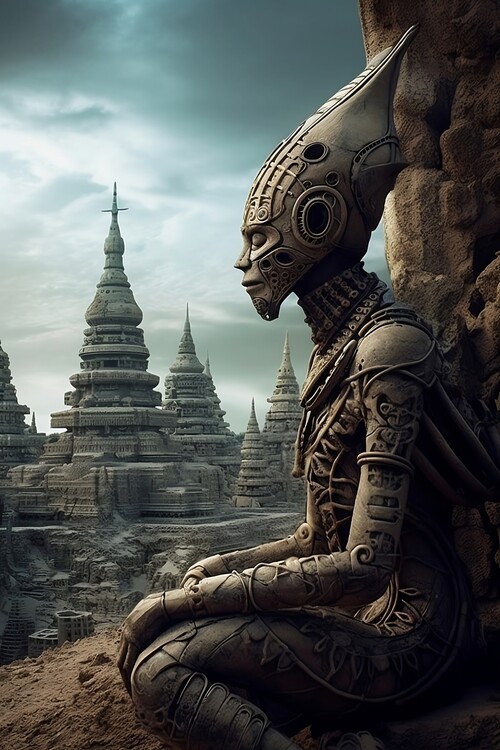 Poster beautiful exotic alien world civilization, alien man