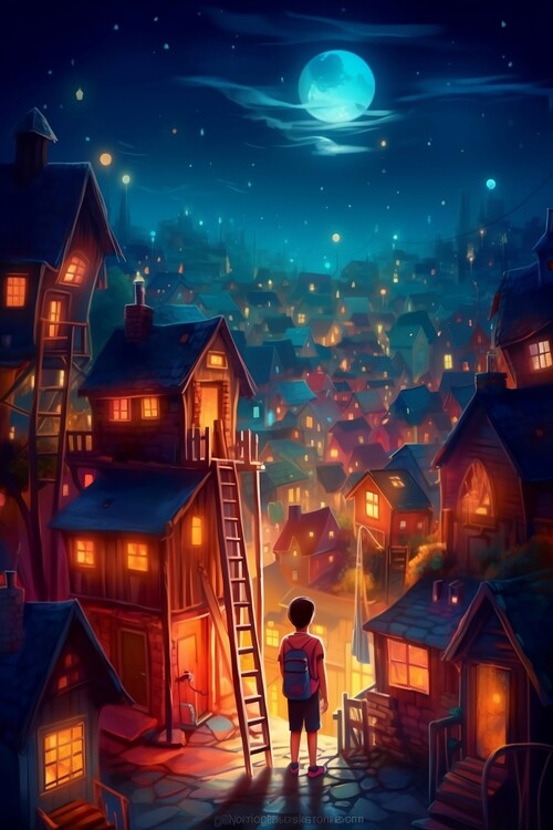 Plakat a kid looking at a magical town going to sleep