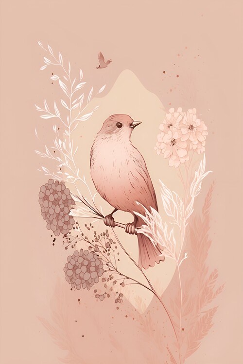 Poster Pink bird with flowers illustration