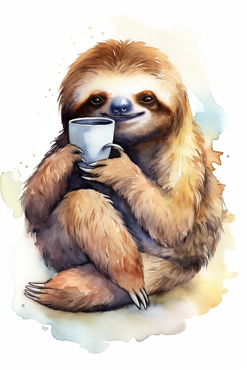 Plakat Funny sloth enjoying a cup coffe in the morning