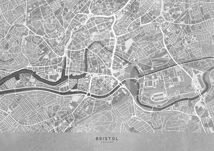Poster Map of Bristol downtown (England) in gray vintage style
